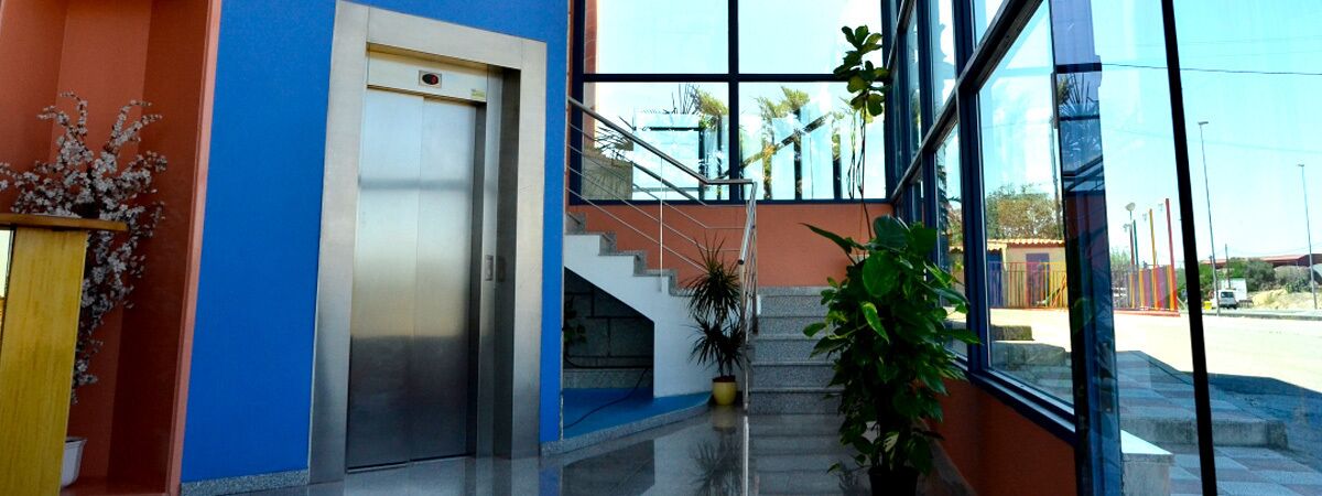 Entrada moderna de un edificio con escaleras, una puerta y plantas en macetas.
