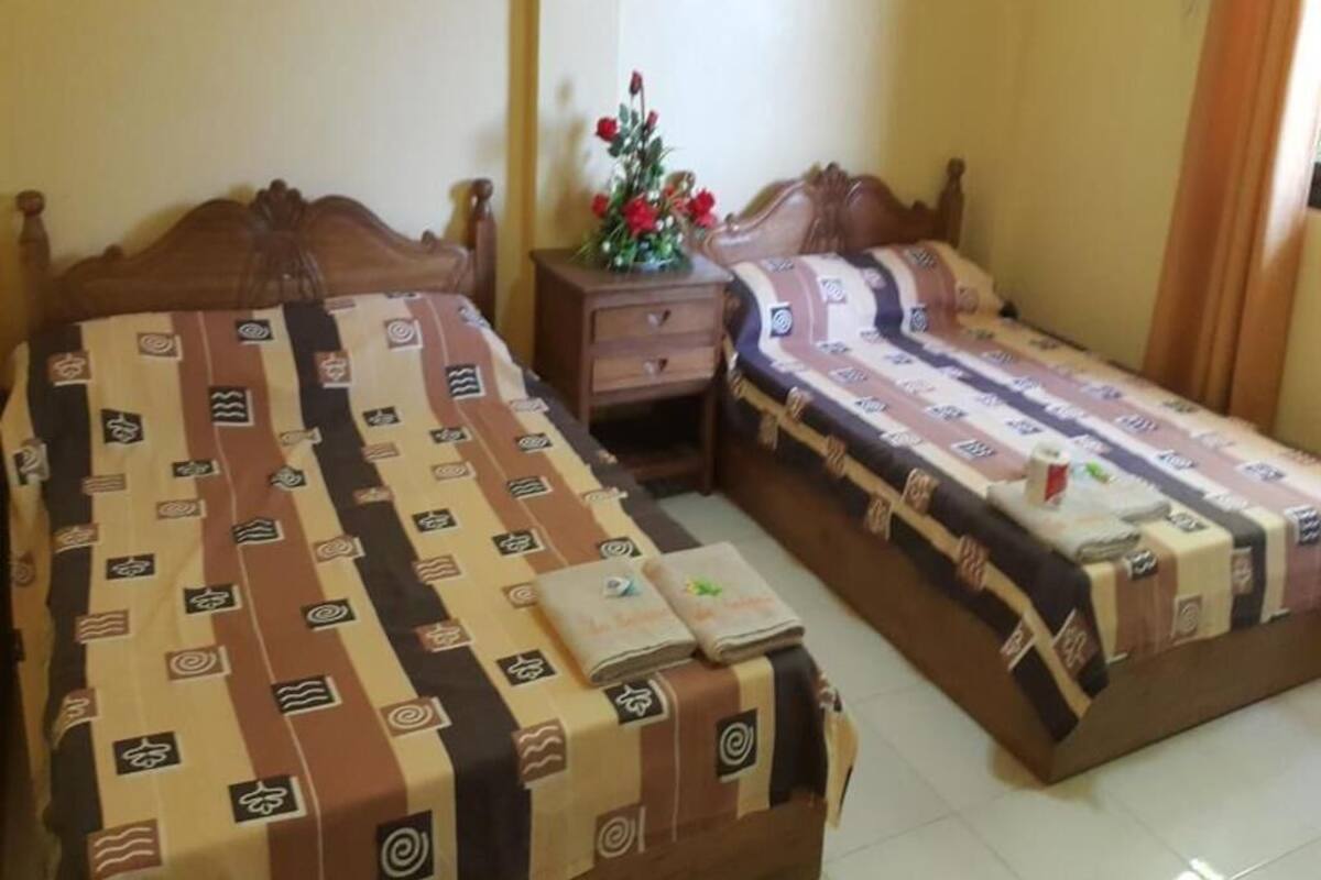 Two beds with patterned bedding, a nightstand with a vase of flowers, and a wooden headboard.