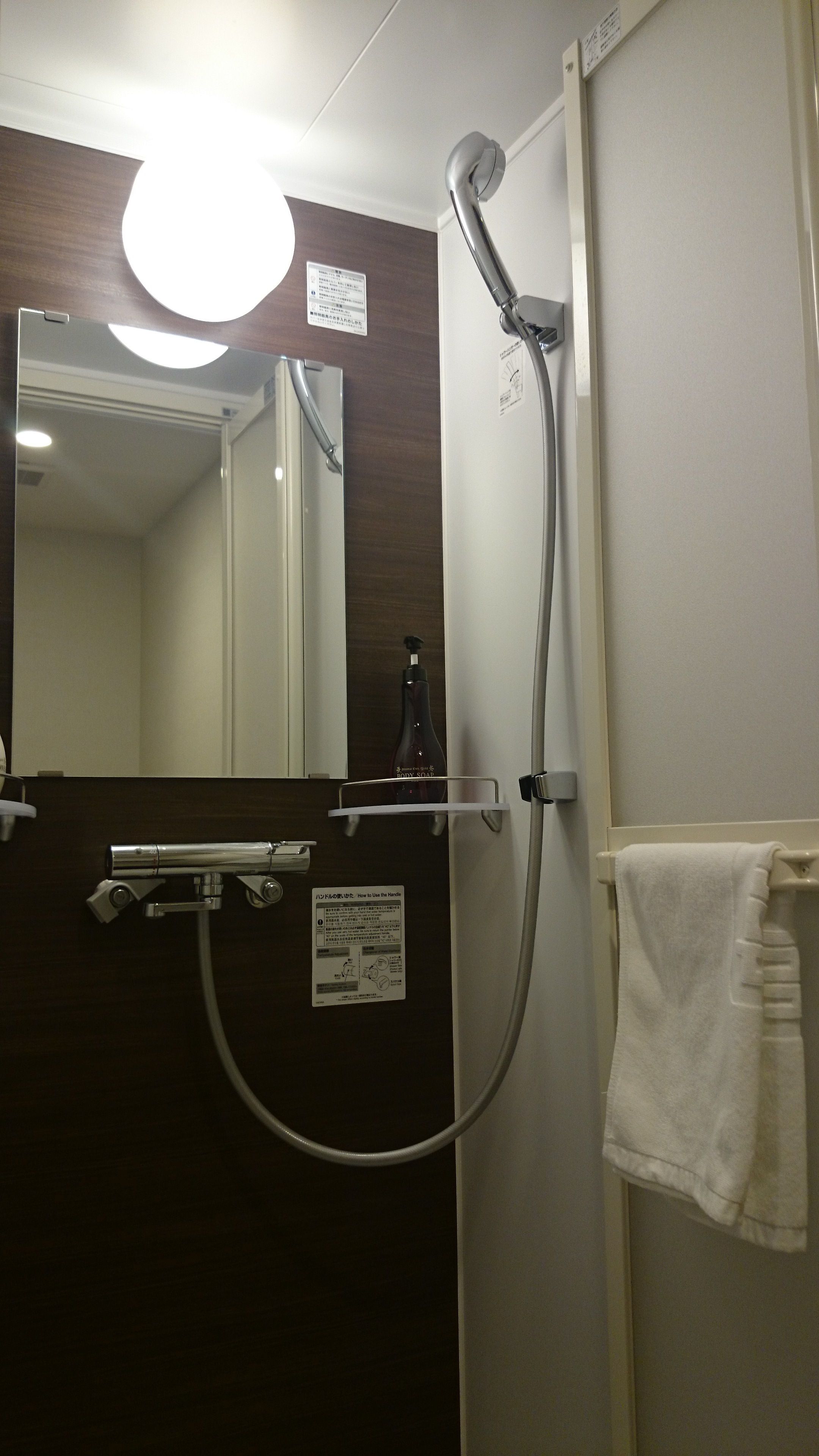 Ein Badezimmer mit Dusche, Spiegel und Handtuchhalter.
