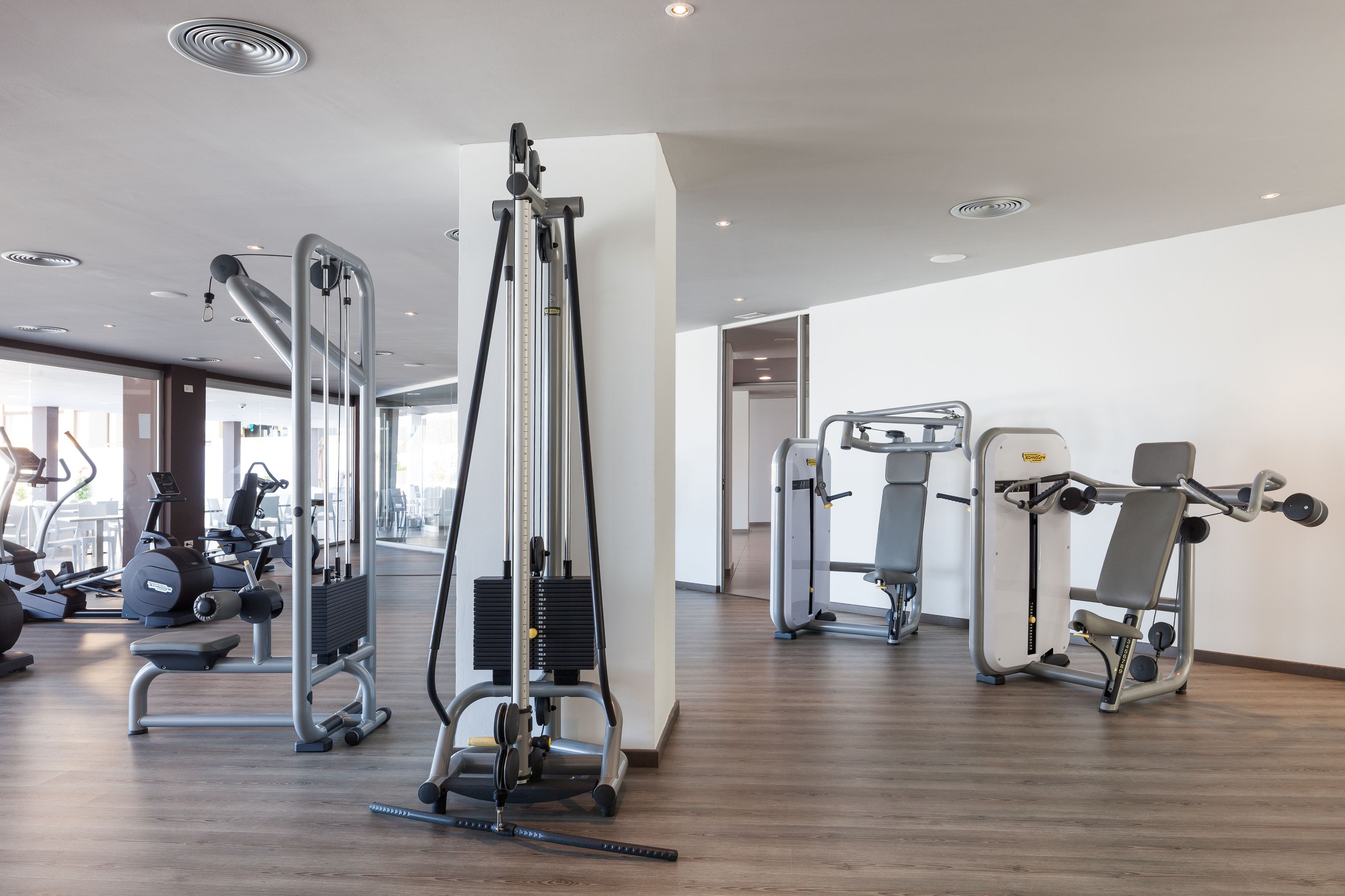 Un gimnasio moderno con diversas máquinas de ejercicio, suelo de madera y amplios ventanales que dejan entrar luz natural.