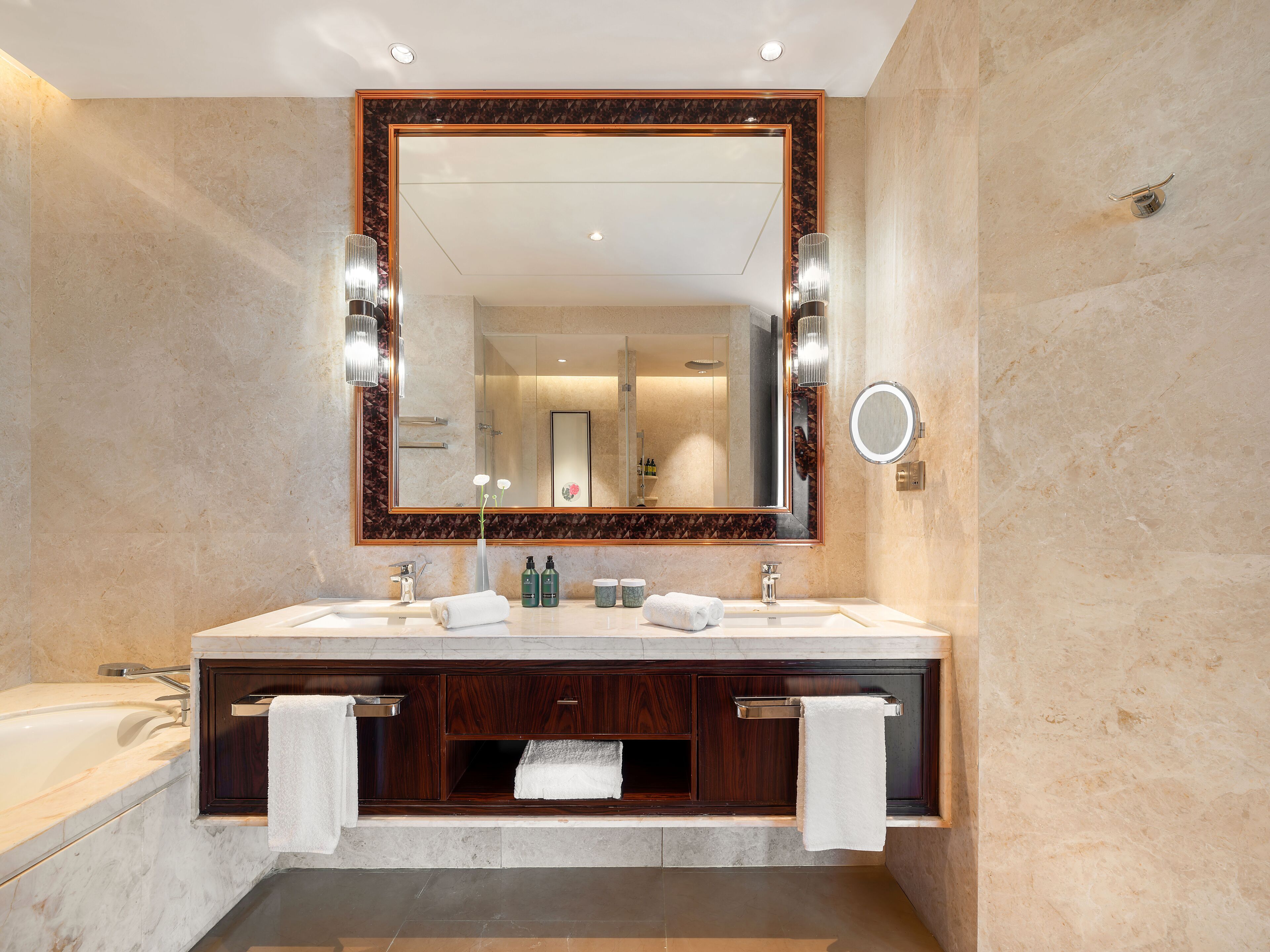 separate bathtub and shower, deep-soaking bathtub, rainfall showerhead