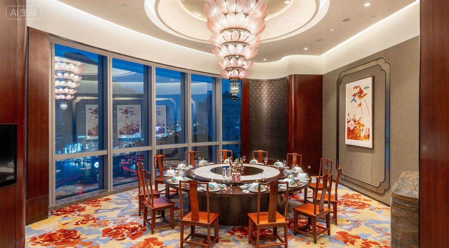 A dining area with a round table, chairs, and a chandelier.