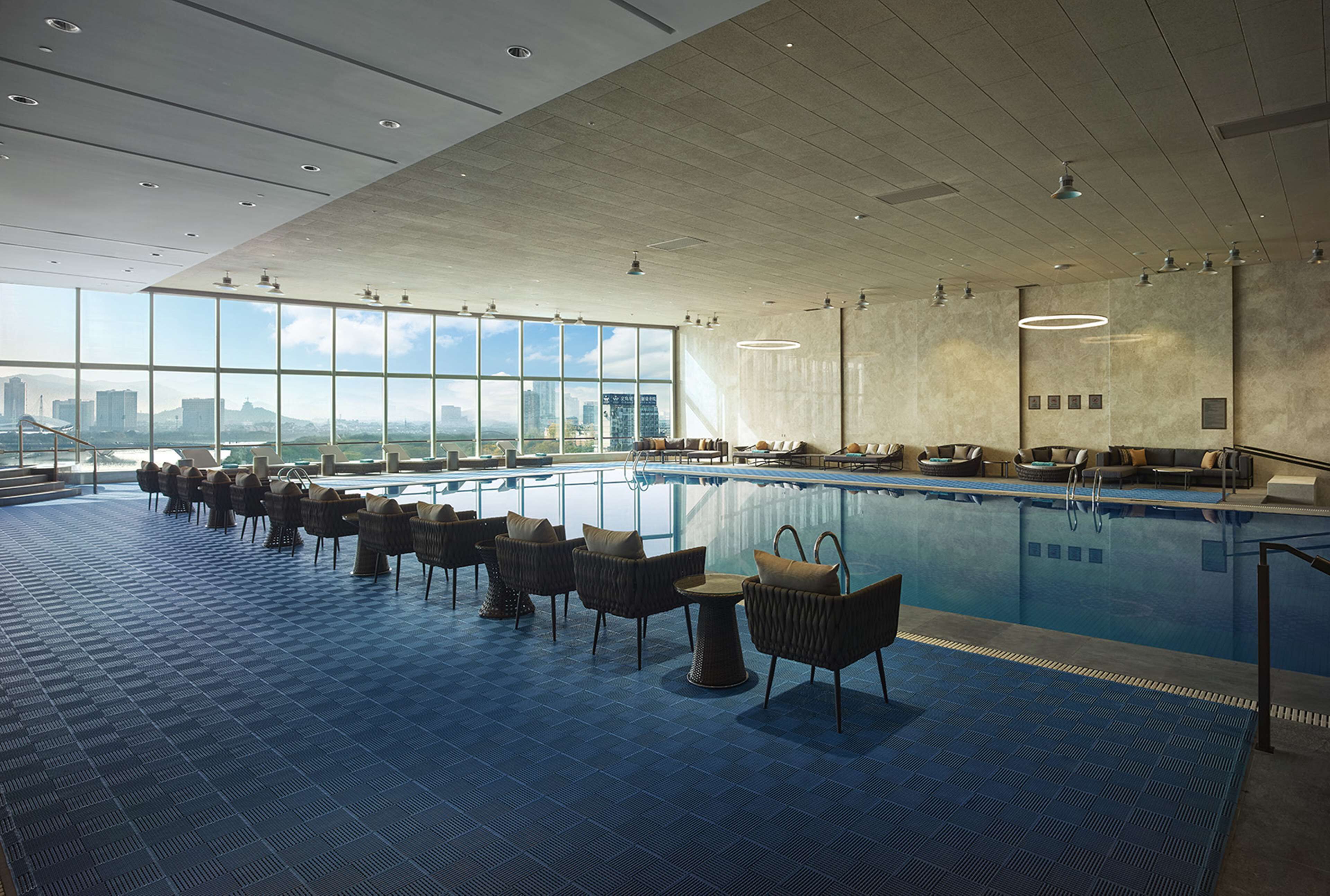 indoor pool, open 8:00 am to 10:00 pm, lifeguards on site