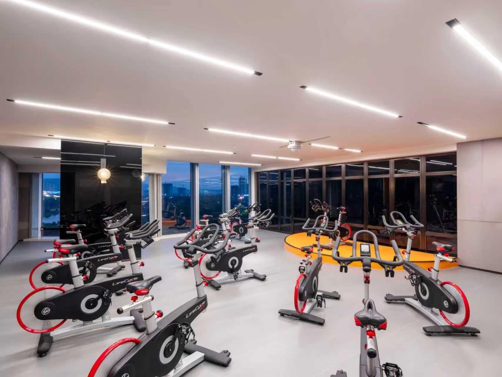 A modern gym with stationary bikes, large windows, and a city view.