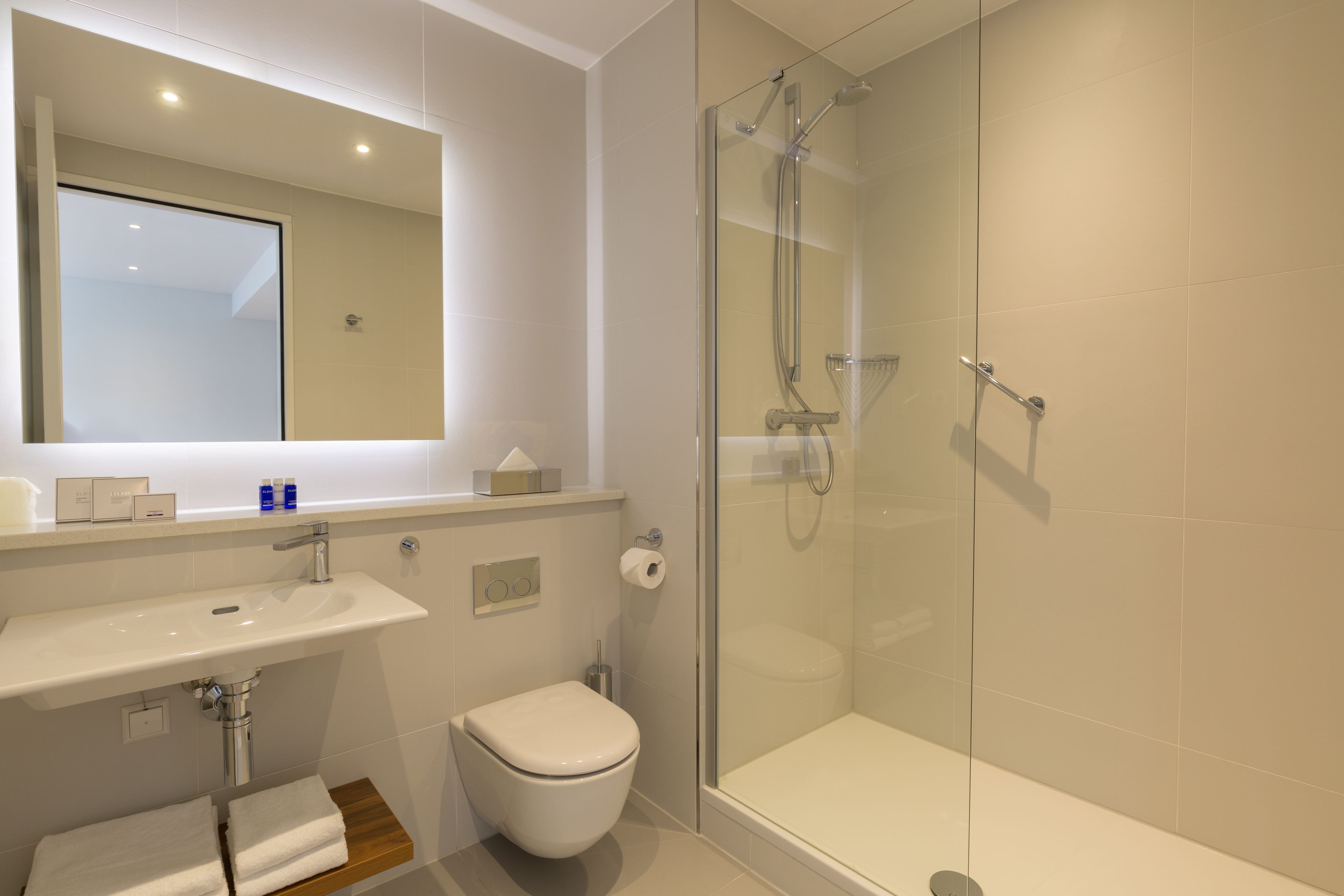 A modern bathroom with a glass-enclosed shower, a white sink, and a toilet.