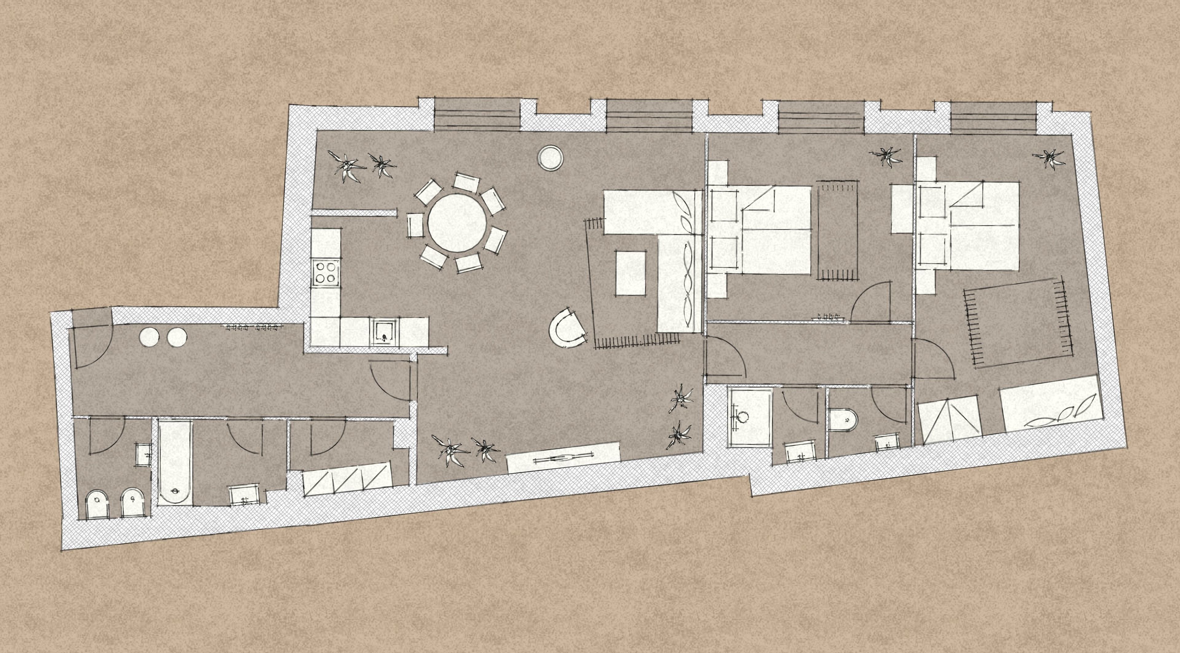Plano de planta de un hotel que incluye comedor, cocina y varias habitaciones.
