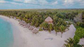 Una playa de arena blanca, palmeras y cabañas con techo de paja.