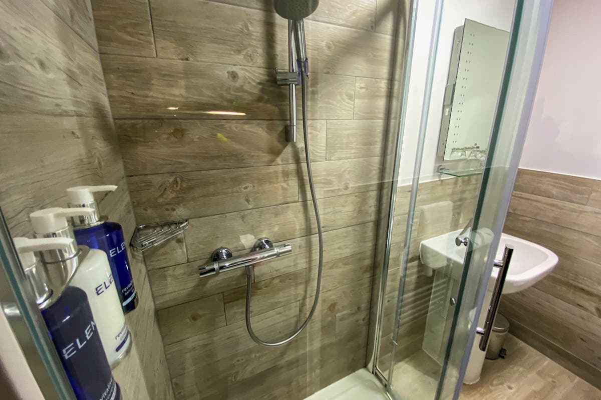 standard double room | bathroom | eco-friendly toiletries, hair dryer, slippers, towels