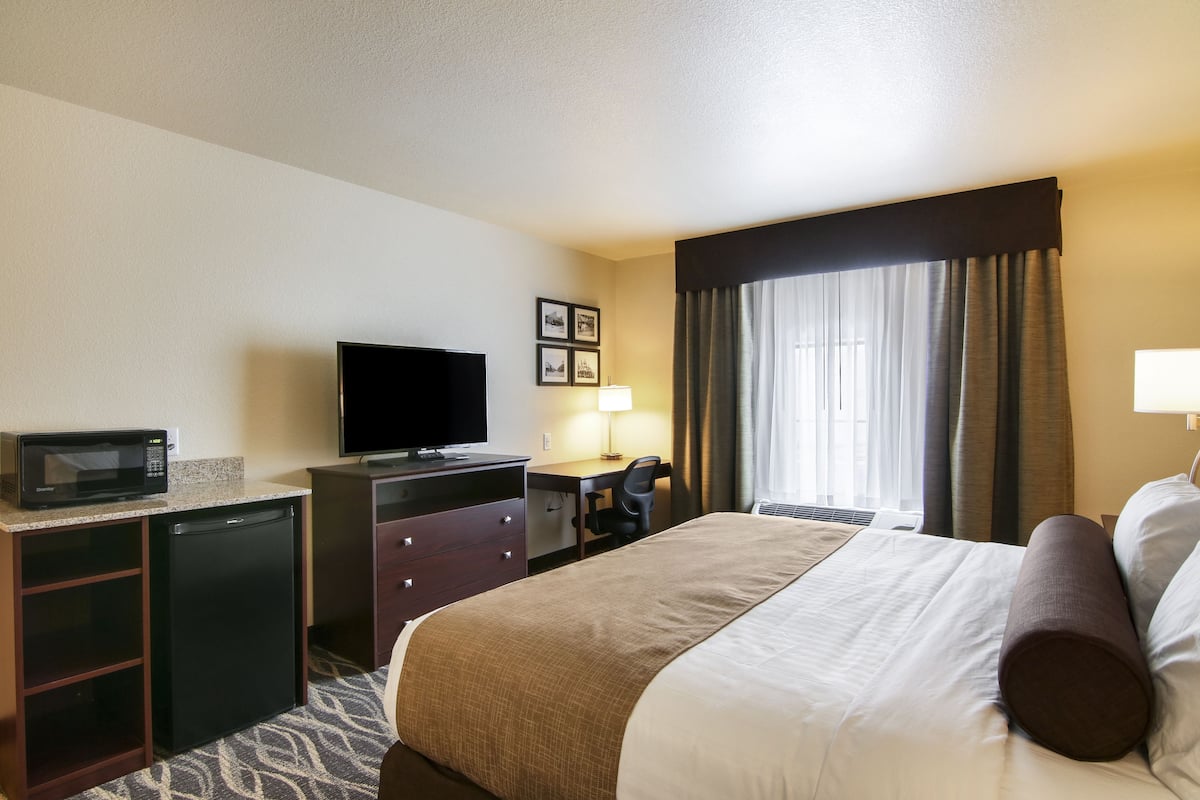 A hotel room with a bed, a desk with a computer, a television, a microwave, and a refrigerator.