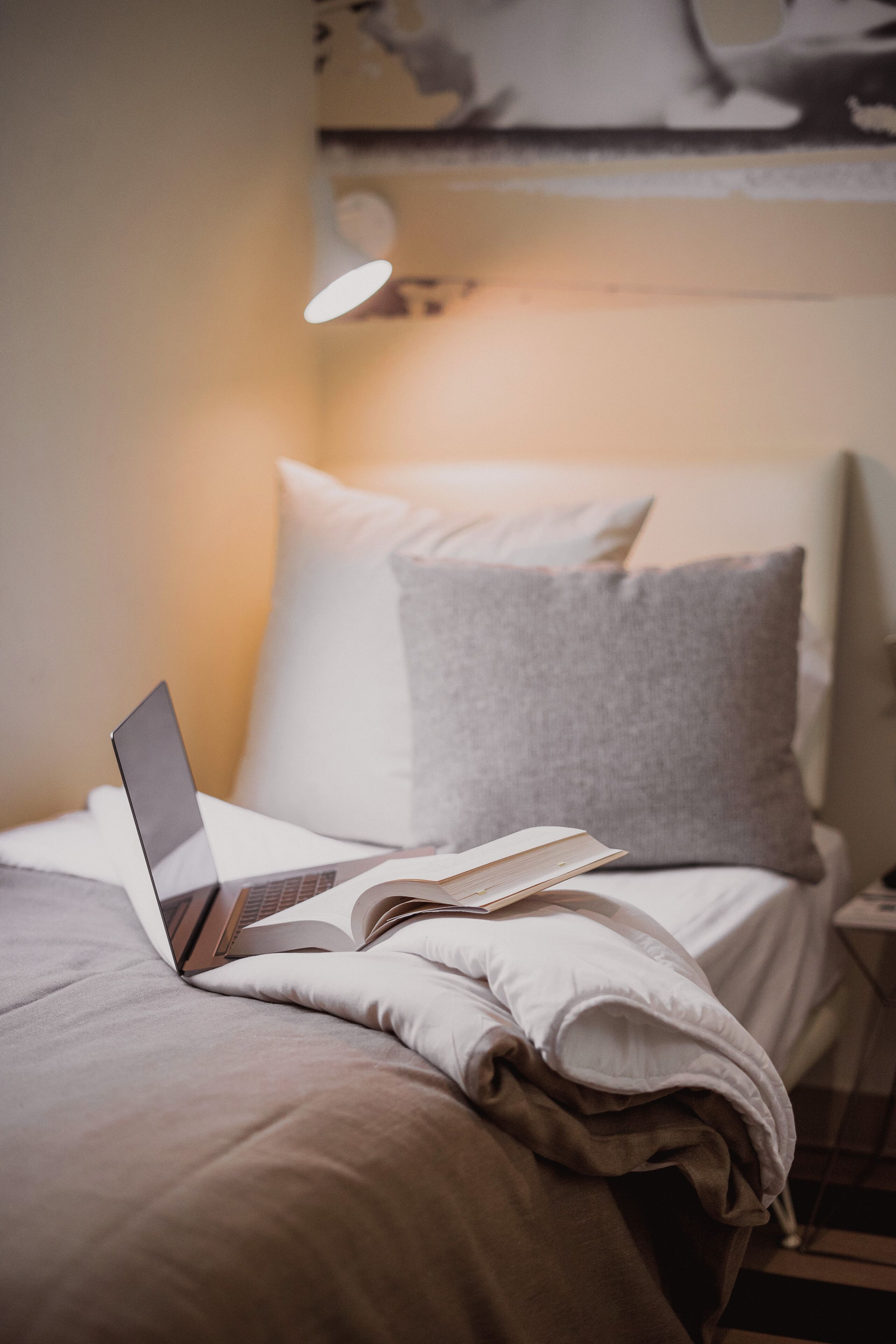A neatly made bed with a laptop and an open book, suggesting a quiet workspace.
