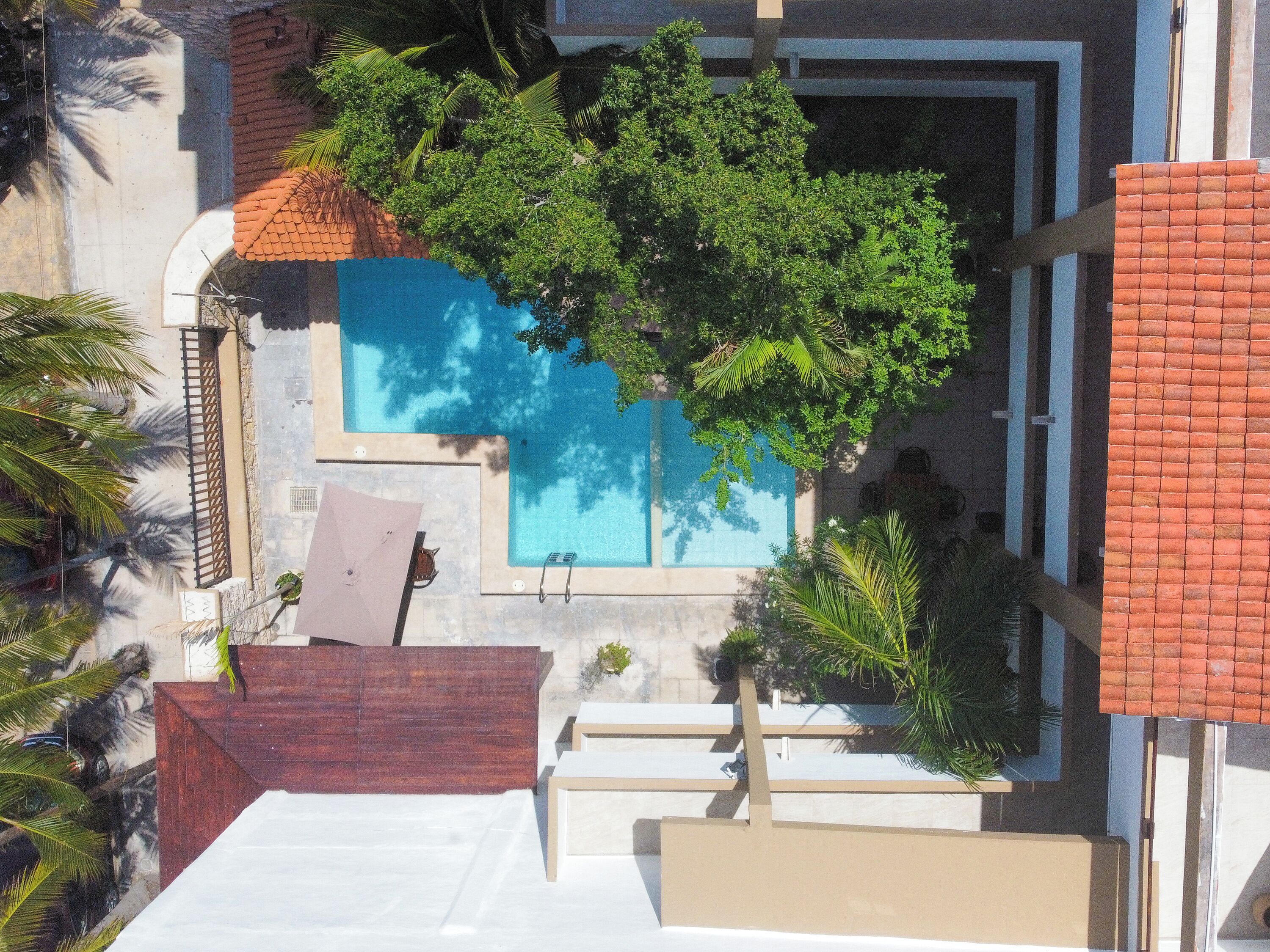 An aerial view of a swimming pool surrounded by greenery and a building with a tiled roof.