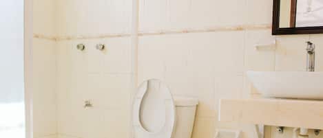 Une salle de bain équipée de toilettes, d’un lavabo, d’un miroir et d’une douche.