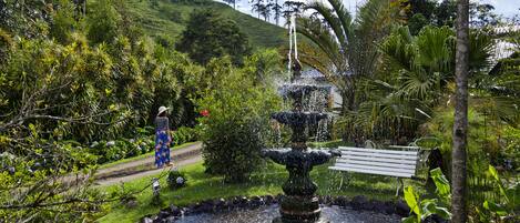 Un jardín con una fuente, un banco y un camino.