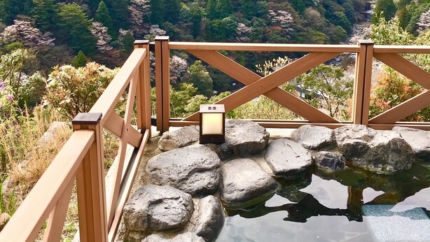 Een houten terras met een waterpartij van natuursteen en uitzicht op een bergachtig landschap.