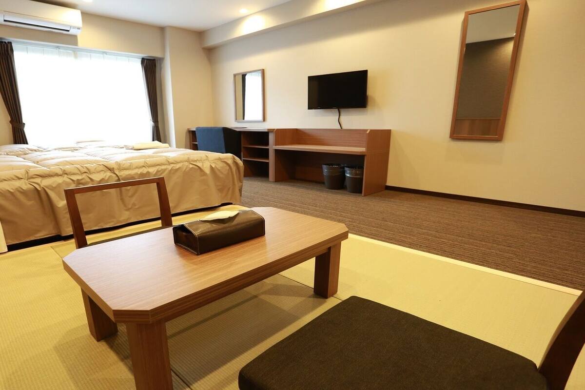 Een hotelkamer met een bed, een bureau, een stoel, een televisie en een spiegel.