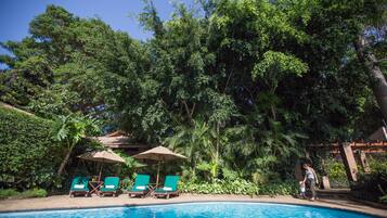 Outdoor pool, pool umbrellas, pool loungers