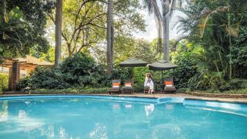 Outdoor pool, pool umbrellas, pool loungers