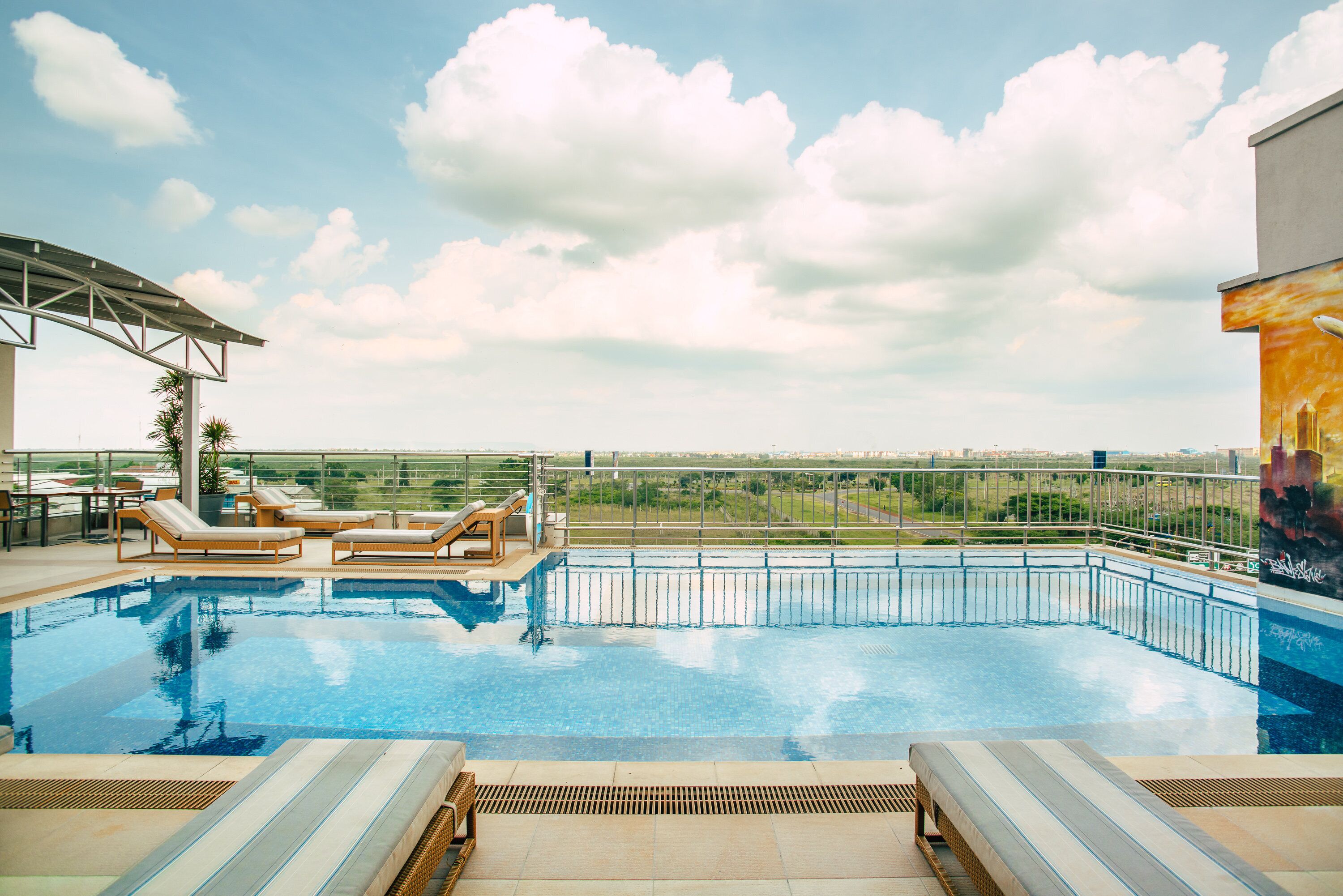 outdoor pool, pool loungers