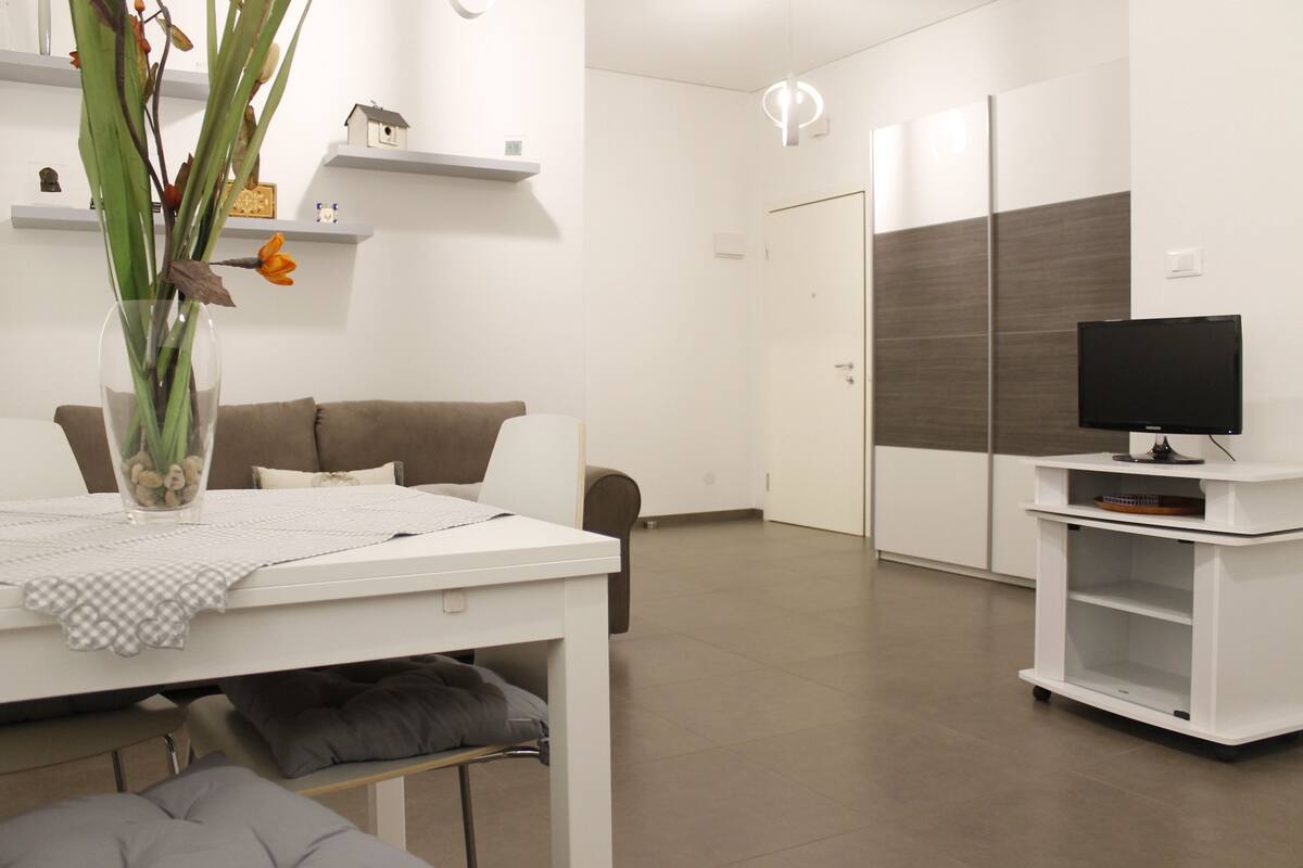 A modern living room with a white sofa, a dining table with a vase of flowers, a television on a white stand, and a door with a mirror.