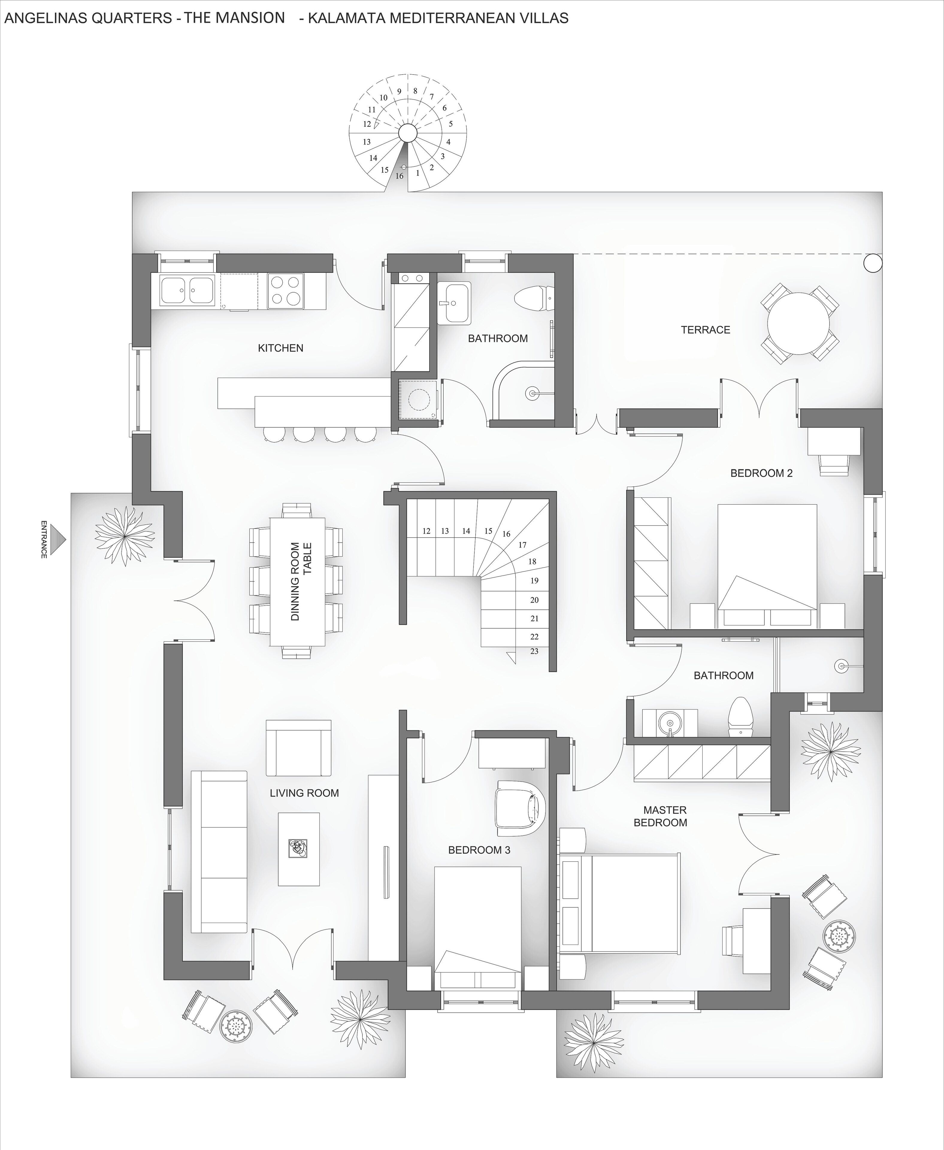 A floor plan of Angelinas Quarters - The Mansion, featuring a kitchen, dining room, living room, three bedrooms, two bathrooms, and a terrace.