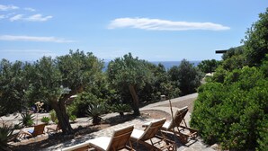A terrace with lounge chairs overlooking a garden and the sea. - Marettimo Residence (Marettimo)