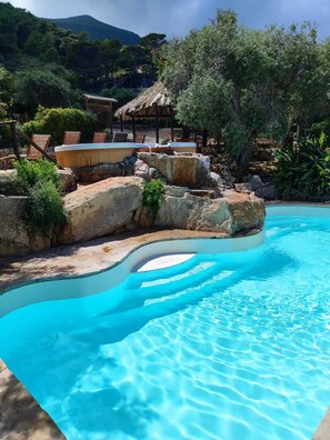 Seasonal outdoor pool, pool umbrellas, sun loungers