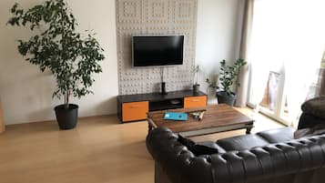 Apartamento familiar, 1 habitación, balcón | Sala de estar | Televisión de pantalla plana de 50 pulgadas con canales digitales