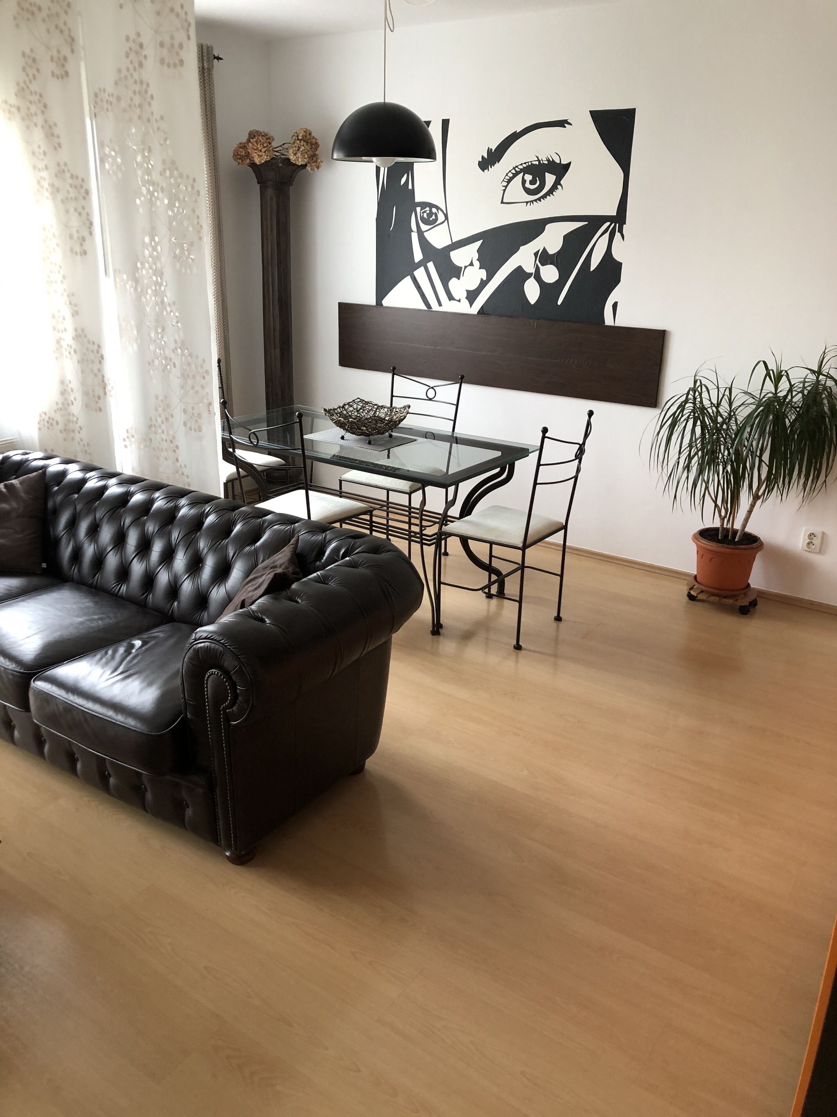A living room with a leather sofa, a glass dining table with chairs, a potted plant, and a wall art piece.
