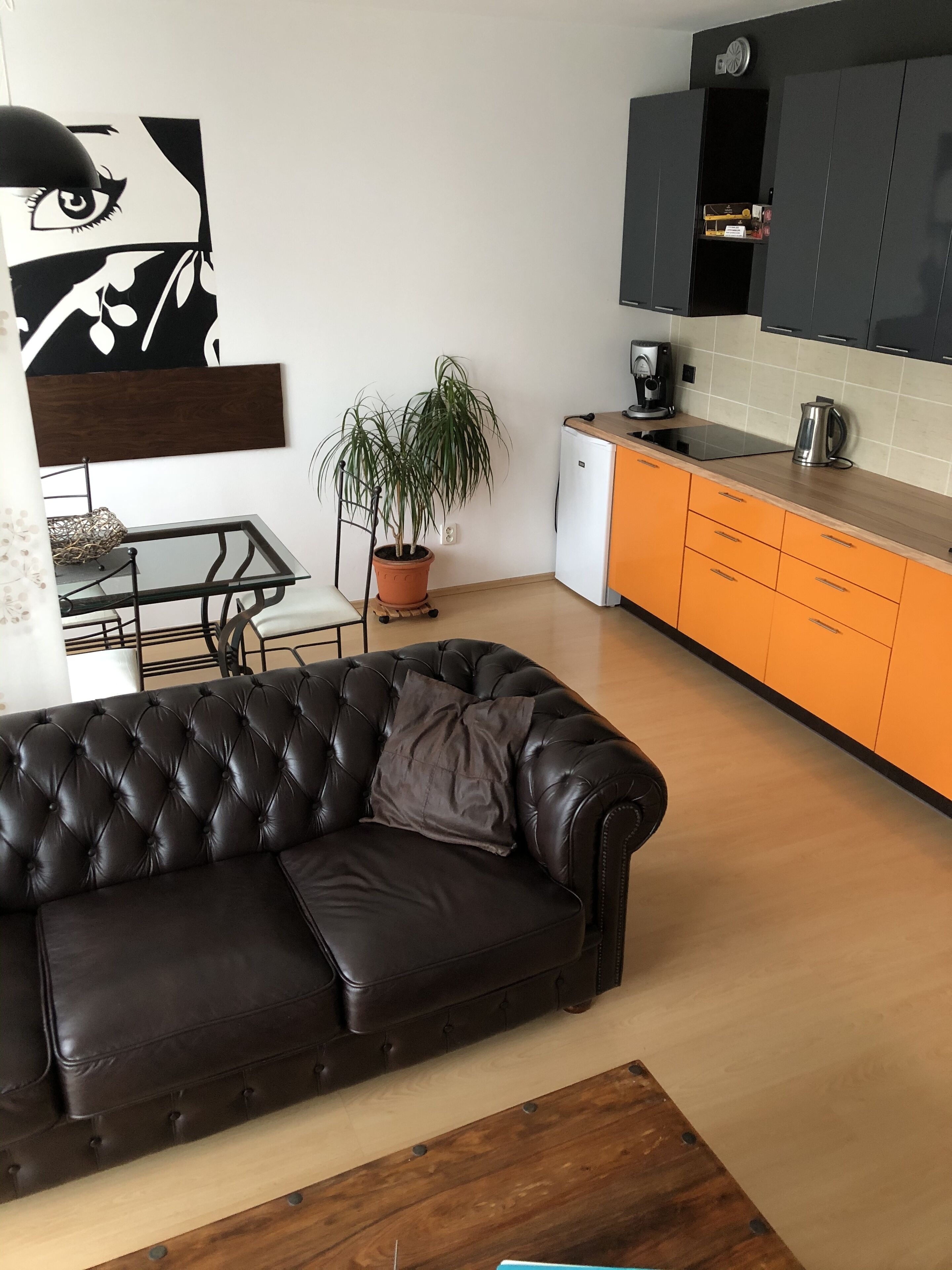 A modern living room with a black leather sofa, a coffee table, a dining table with chairs, a potted plant, and a kitchen area with orange cabinets and a white refrigerator.