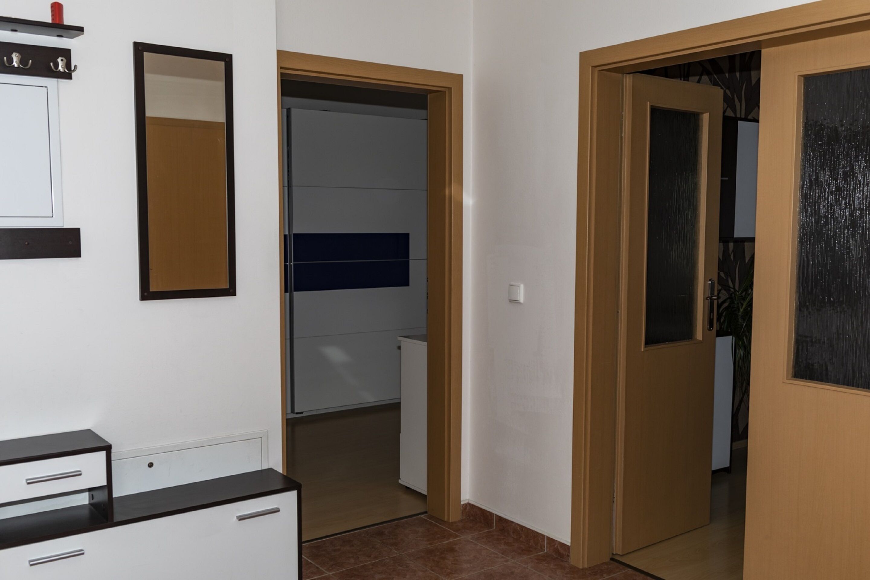 Un couloir avec une porte en bois, un miroir et une armoire blanche.