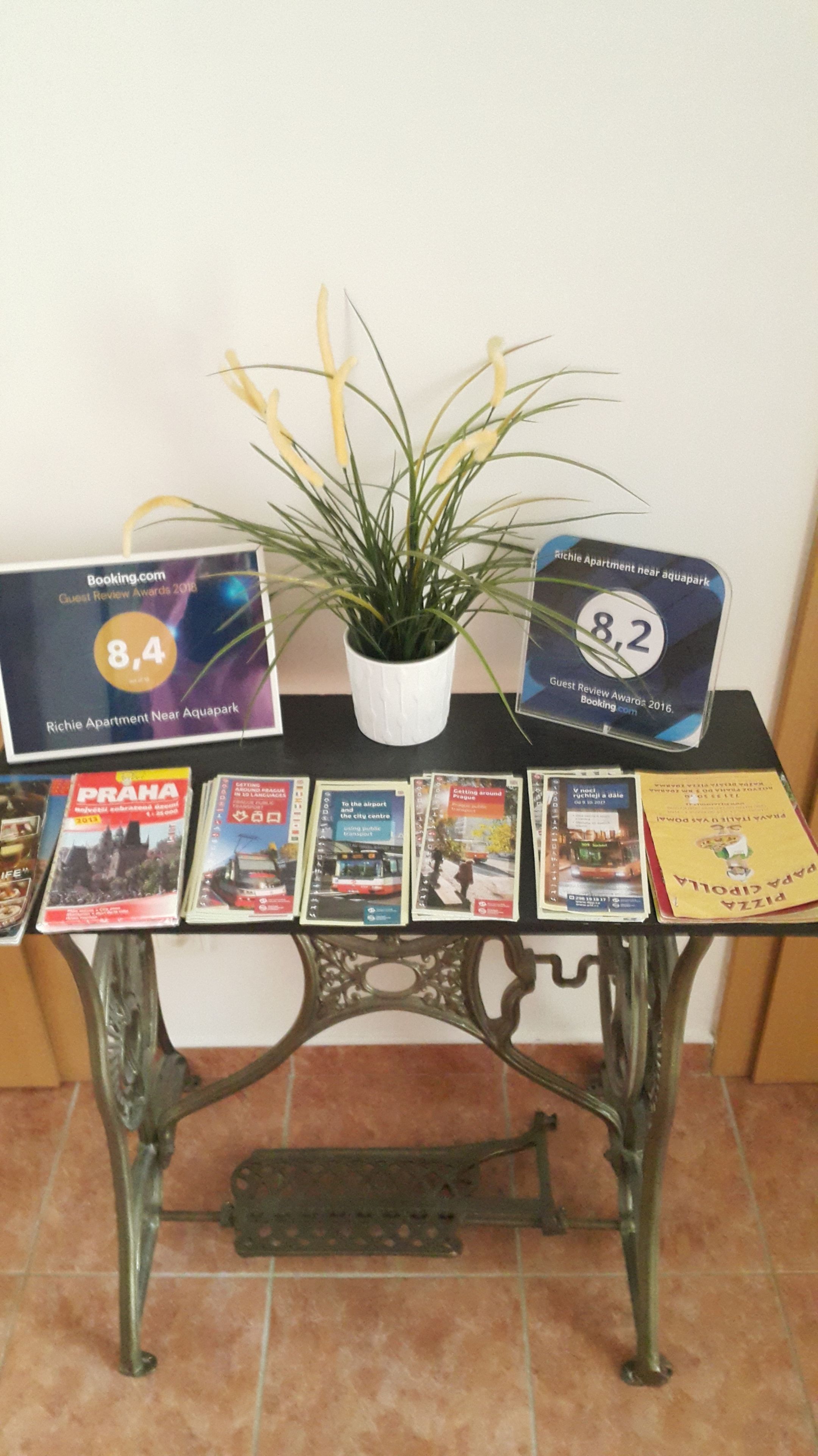Een tafel met reisbrochures, een bloempot en twee onderscheidingen.