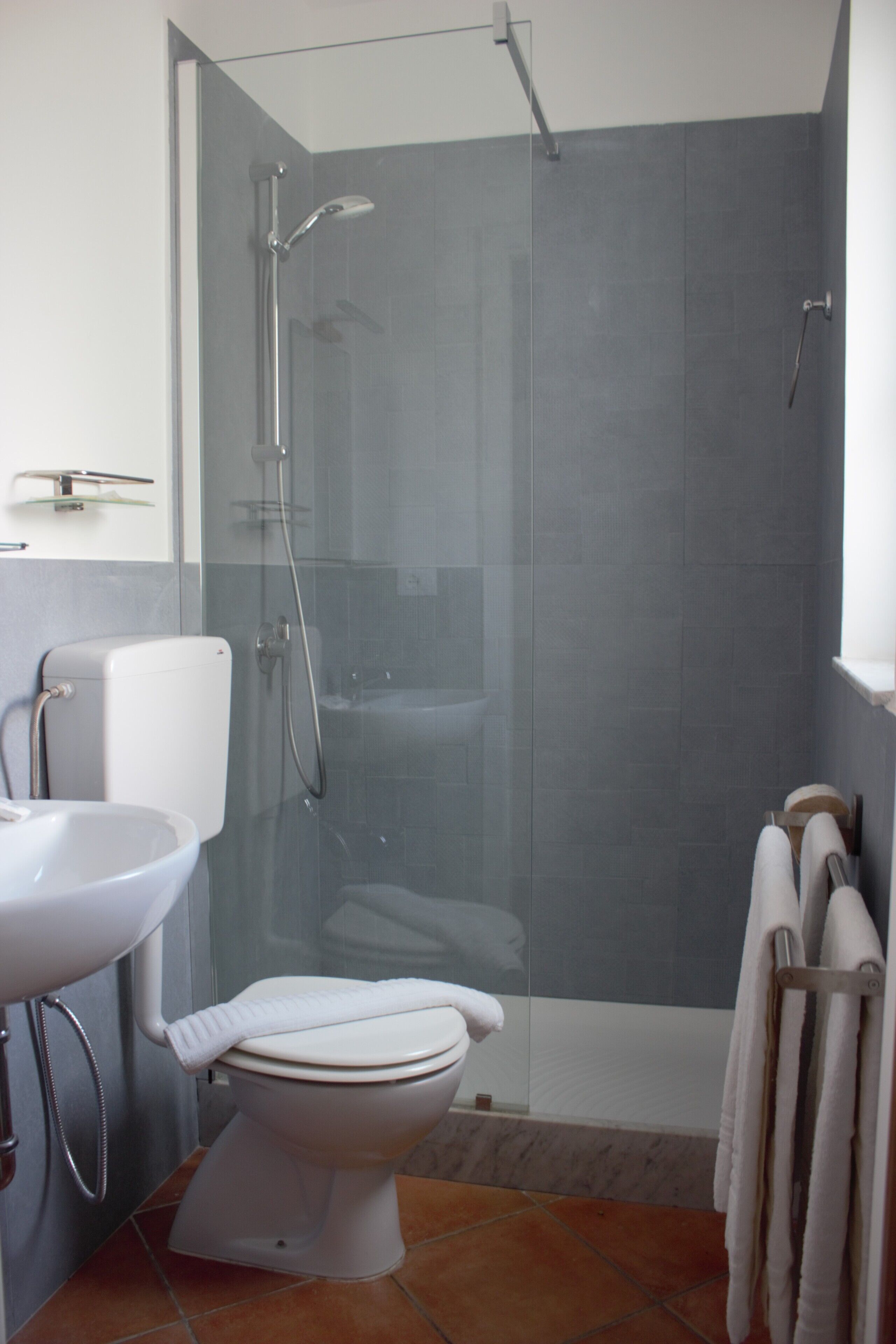A modern bathroom with a glass-enclosed shower, a white toilet, and a sink.