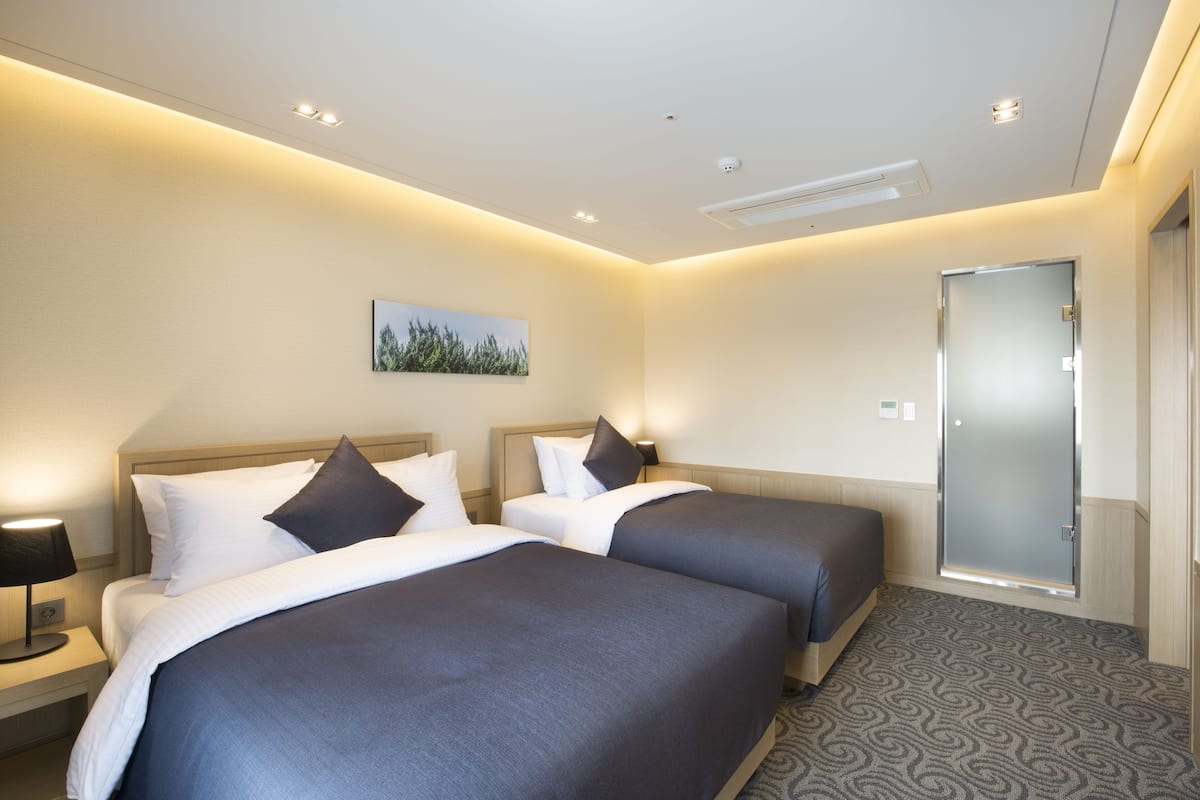 Une chambre d’hôtel avec deux lits, une table de chevet avec une lampe, une porte et un tapis à motifs.