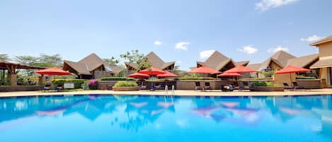 Una piscina al aire libre, sombrillas, sillones reclinables de piscina