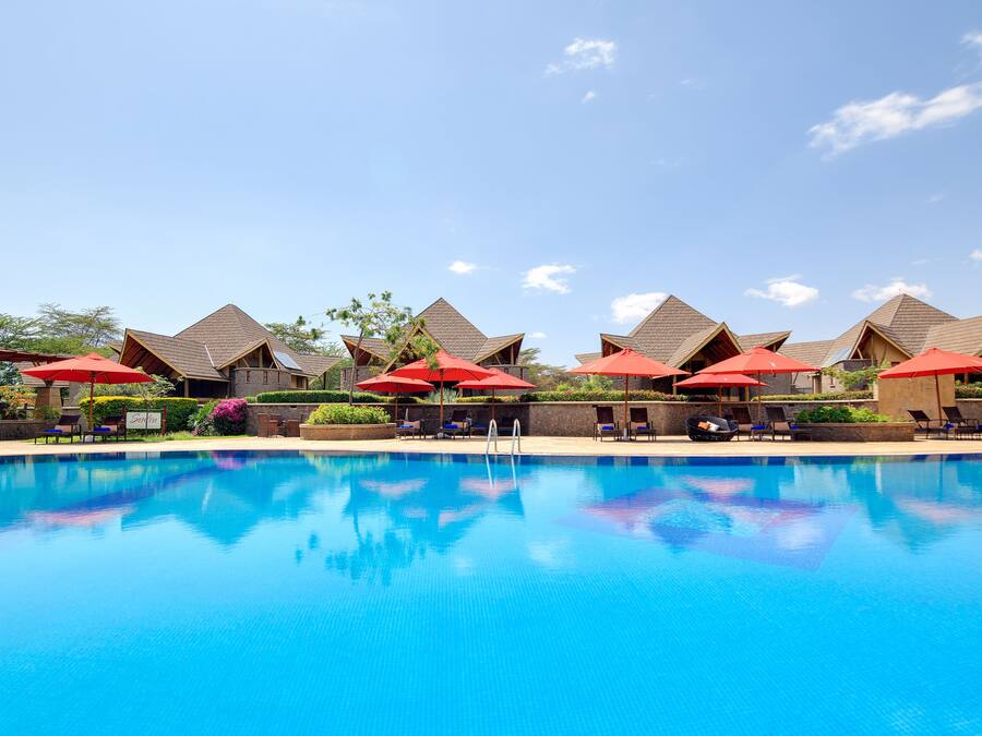 Piscine extérieure, parasols de plage, chaises longues