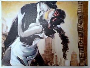 A painting of a couple embracing with a cityscape in the background. - Domus Armenio (Naples)