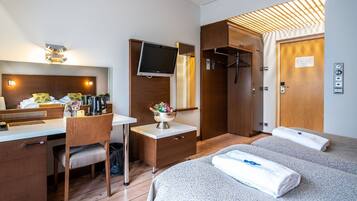 A hotel room with a bed, a desk with a chair, a television, a wardrobe, and a shower area.