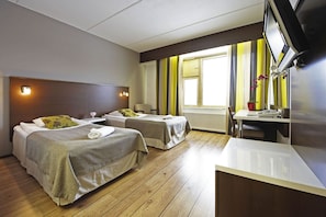 Minibar, desk, laptop workspace, blackout curtains
