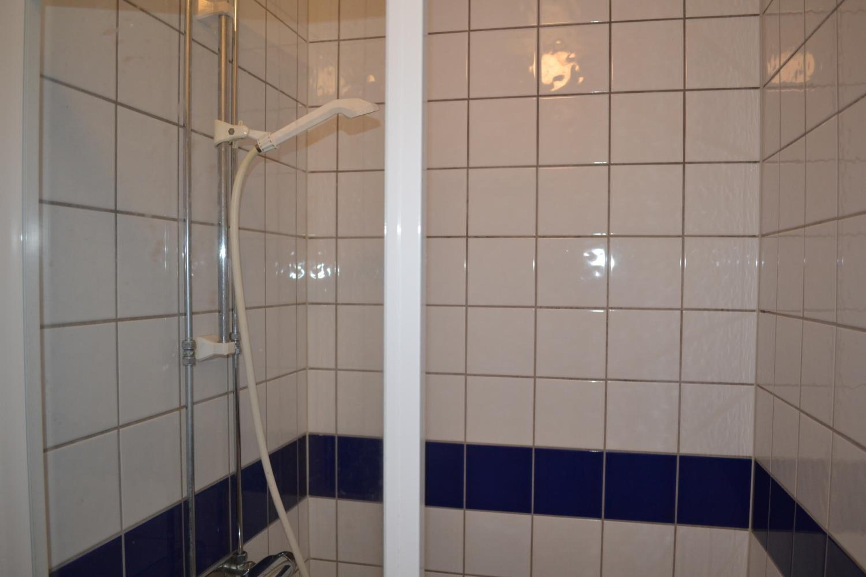 Un espacio de ducha con azulejos, un cabezal de ducha de mano y un tubo vertical.