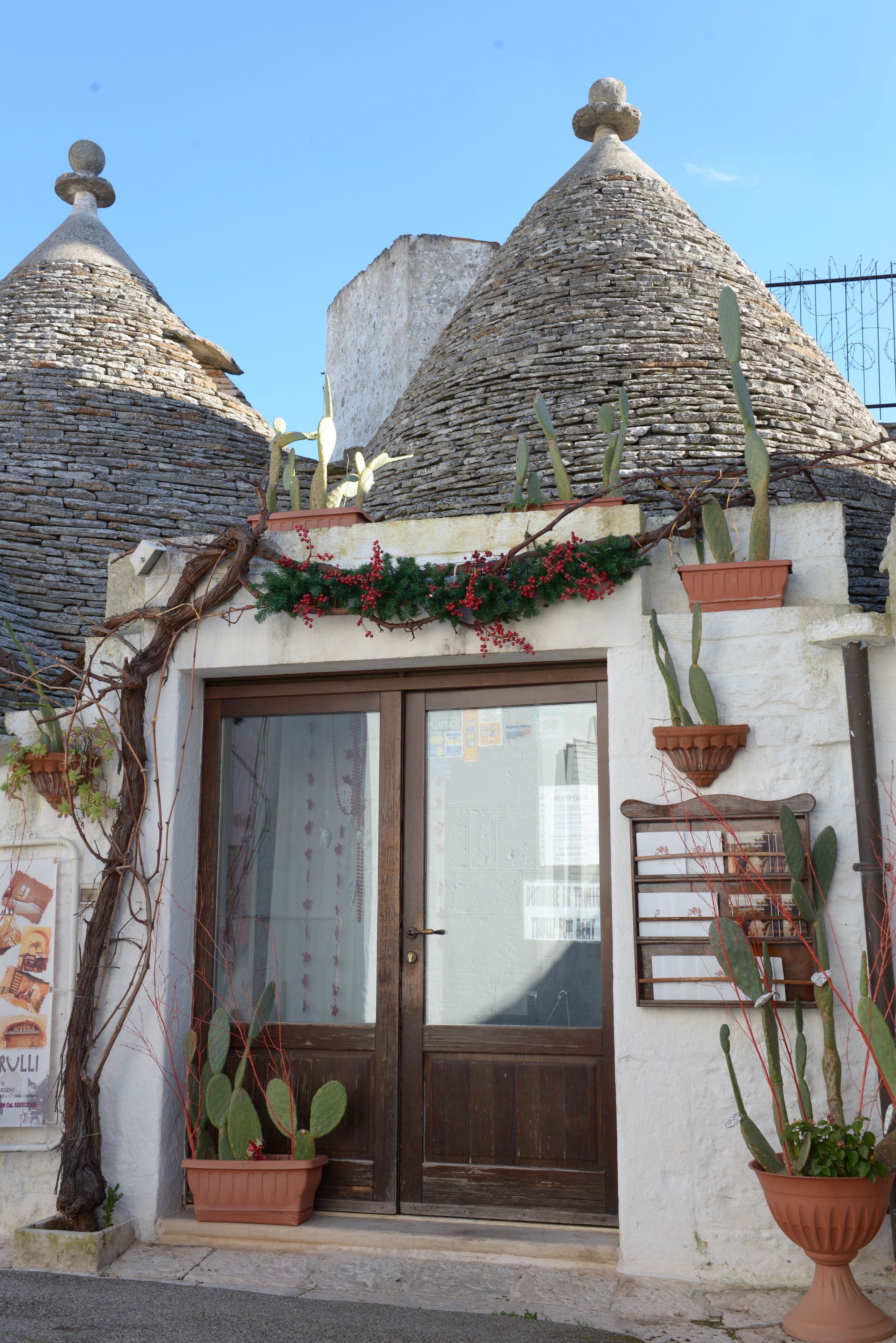 A building with a stone facade, a wooden door, and potted cacti.