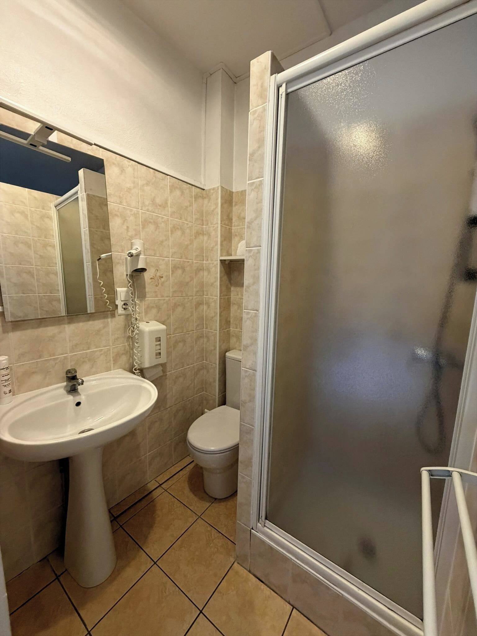 A bathroom with a pedestal sink, toilet, and a glass-enclosed shower area.
