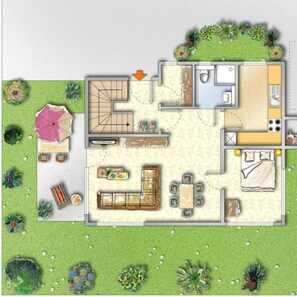 A floor plan of a house with a living room, dining area, kitchen, two bedrooms, and a bathroom. - Ferienhaus Ostseeperle (Zingst)