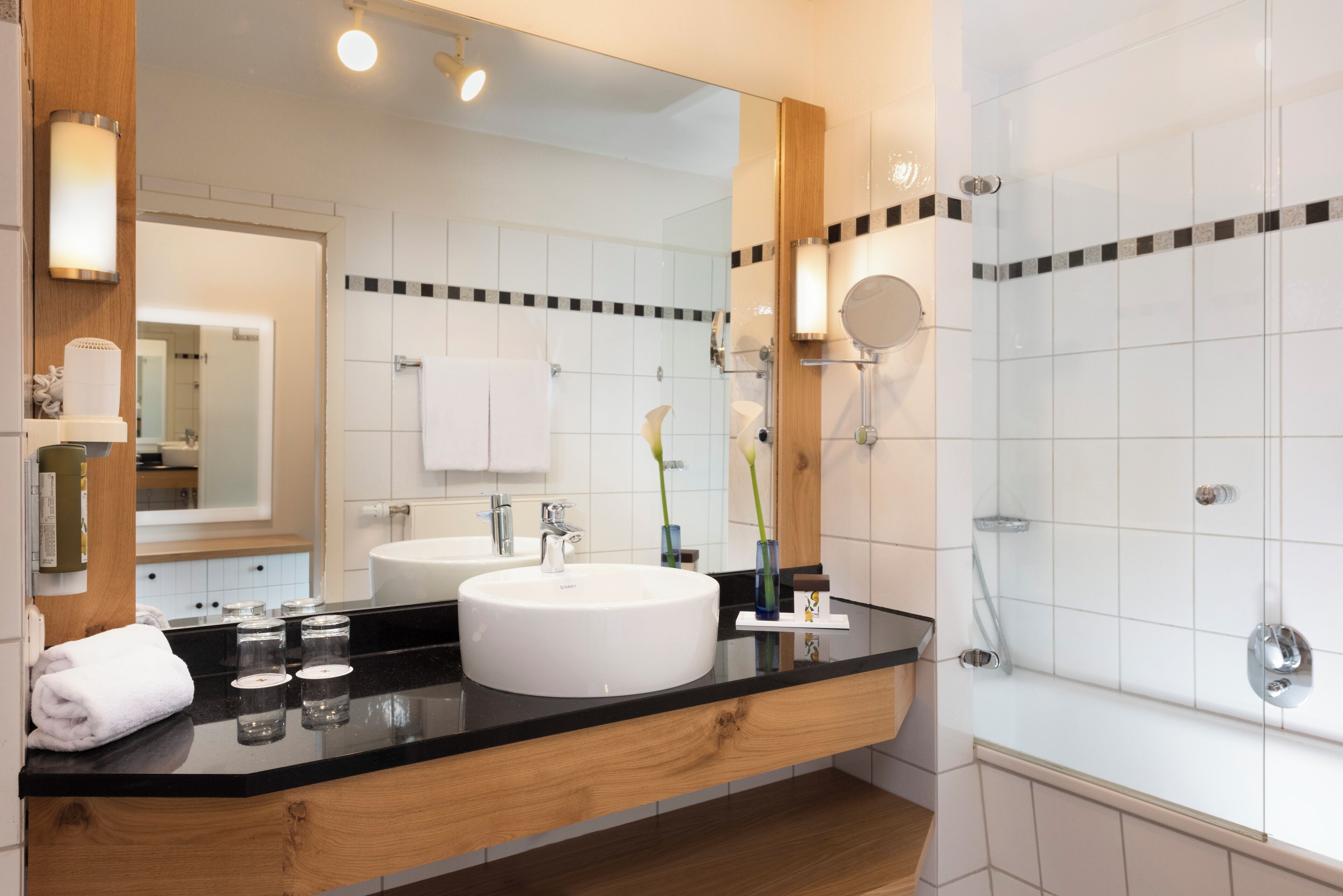 free toiletries, hair dryer, towels