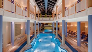 Indoor pool, outdoor pool, pool umbrellas, sun loungers