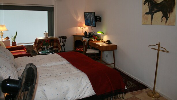 A hotel room with a bed, a desk, a chair, a lamp, a television, and a painting on the wall.