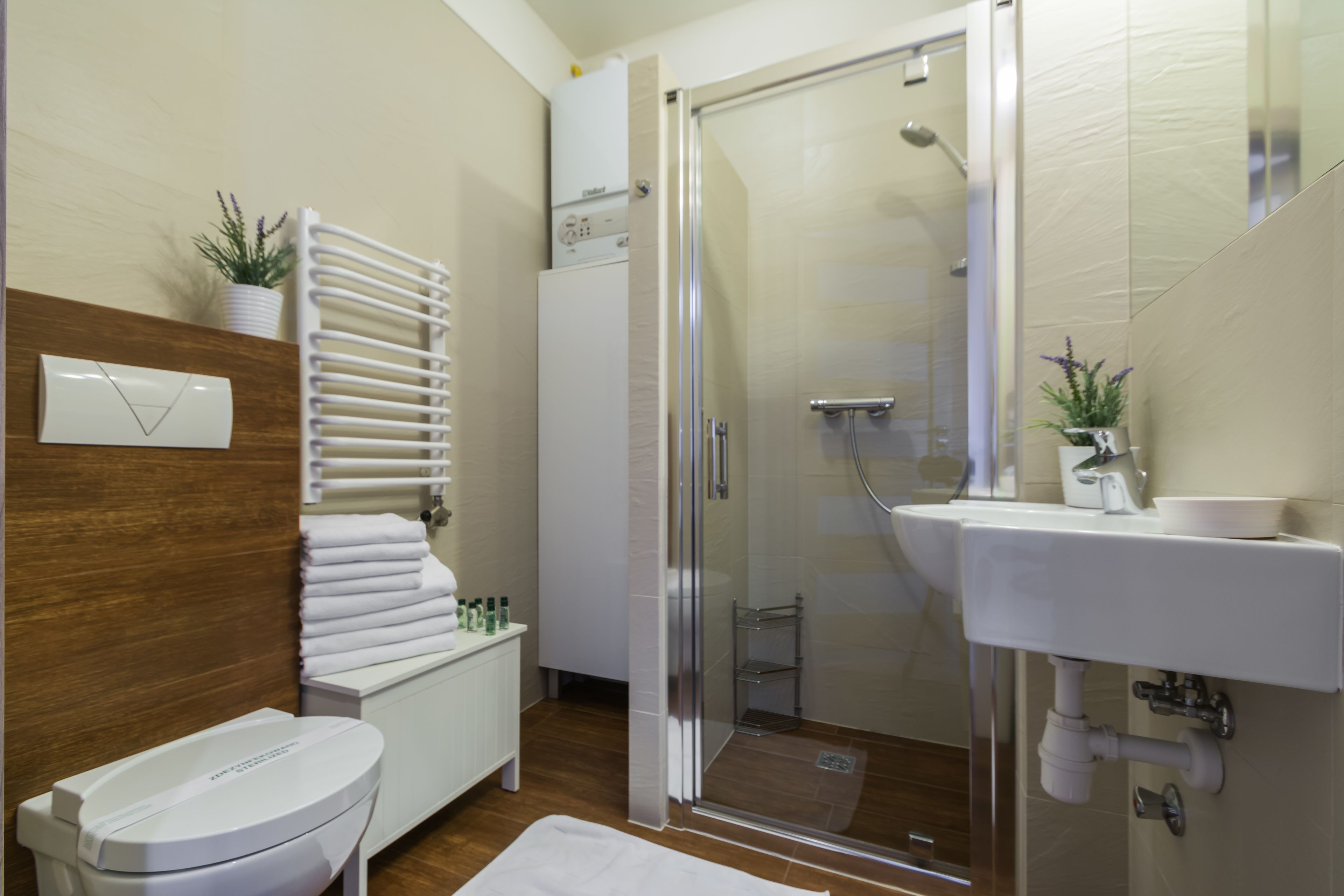 Une salle de bain moderne avec une douche à parois de verre, un lavabo blanc et des toilettes.