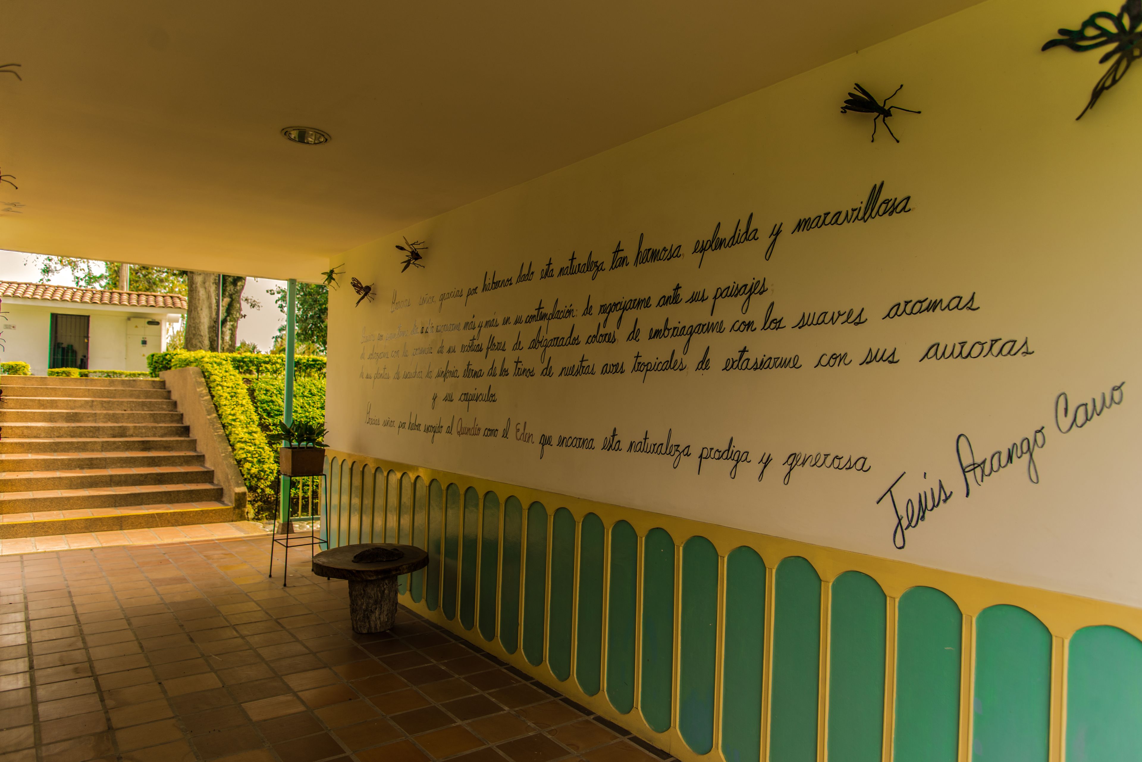 Un couloir avec un mur orné de motifs et d’éléments décoratifs, un escalier et une plante en pot.