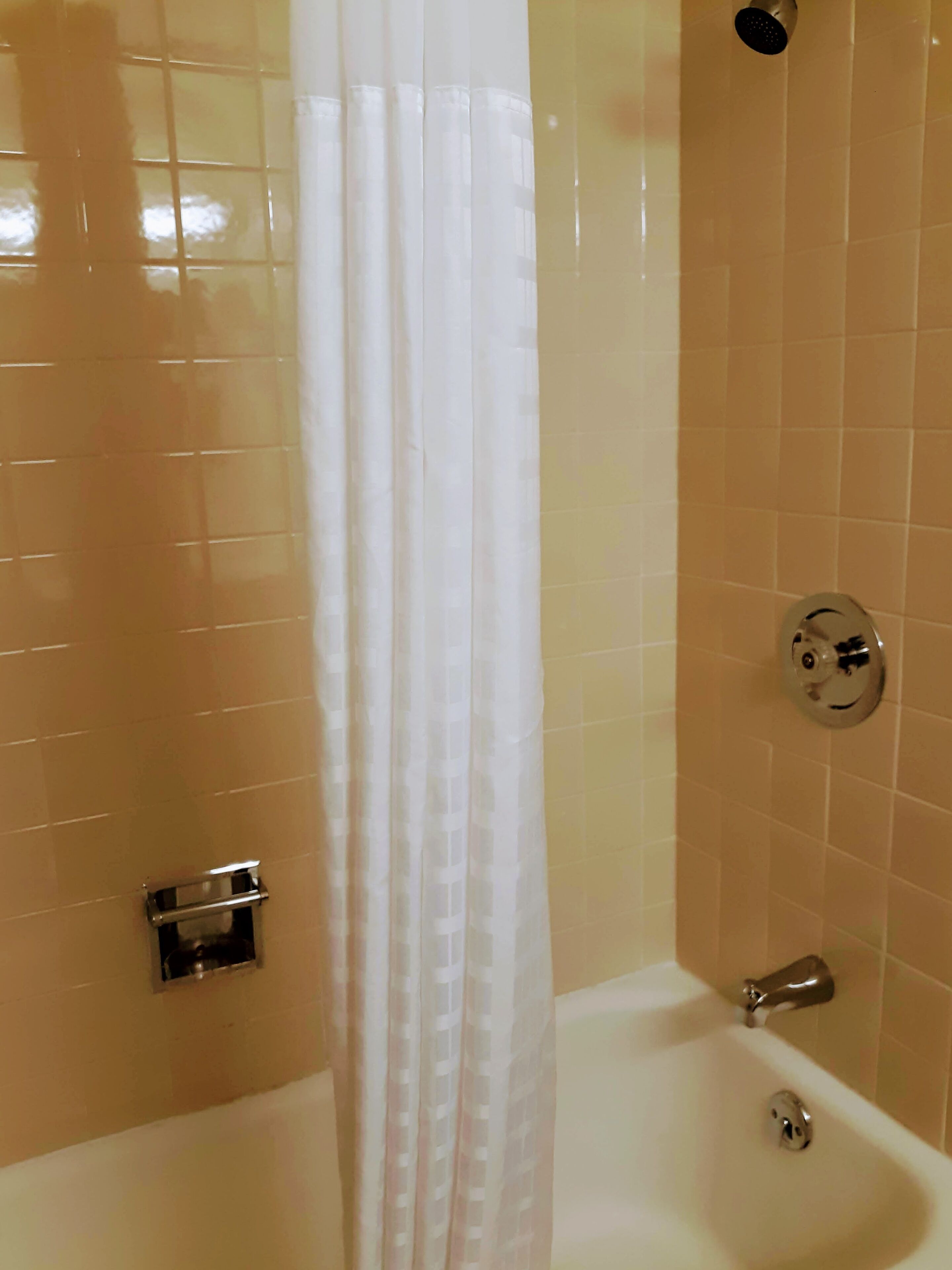 A bathroom with a bathtub, a showerhead, and a curtain.