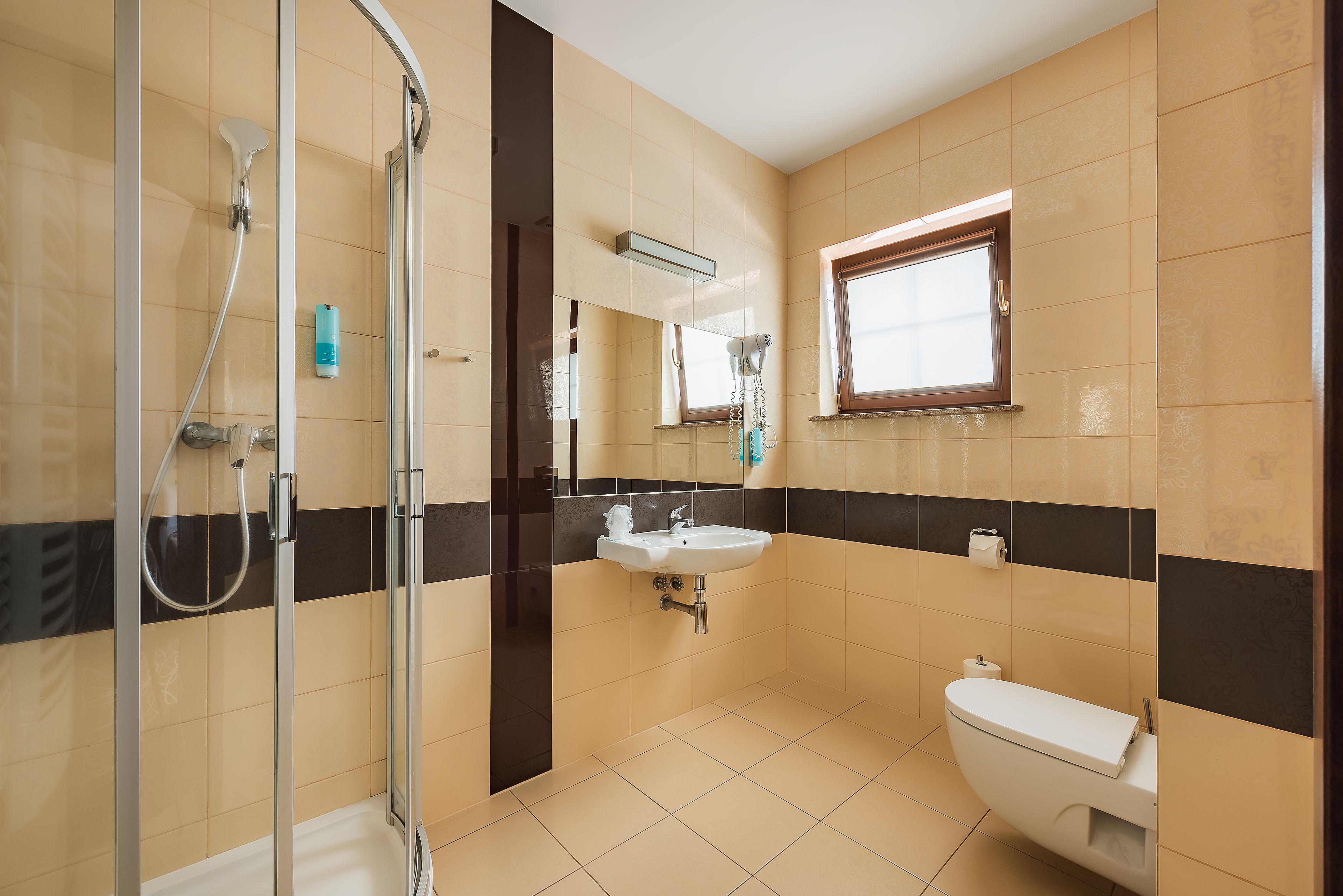 free toiletries, hair dryer, towels