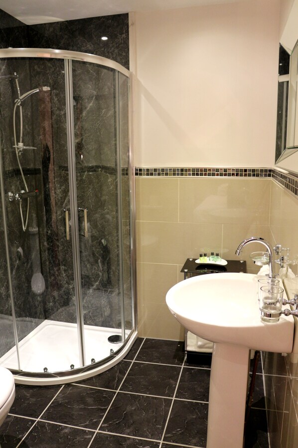 A modern bathroom with a glass-enclosed shower, a white sink, and a mirror above the sink. - County Hotel (Stornoway)